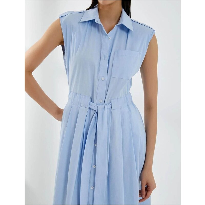 Koton Shirt Dress Belted Pleated Buttoned Sleeveless Midi Length Cotton