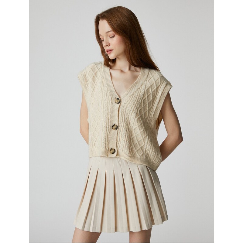 Koton Crop Cardigan V-Neck Sleeveless With Buttons In Braid Patterned