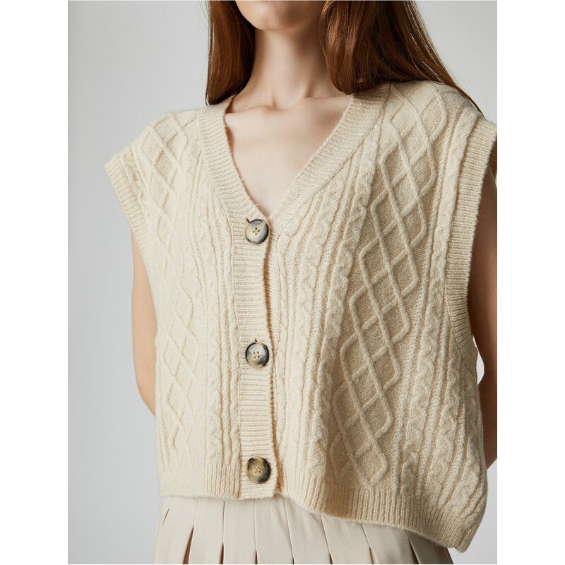 Koton Crop Cardigan V-Neck Sleeveless With Buttons In Braid Patterned
