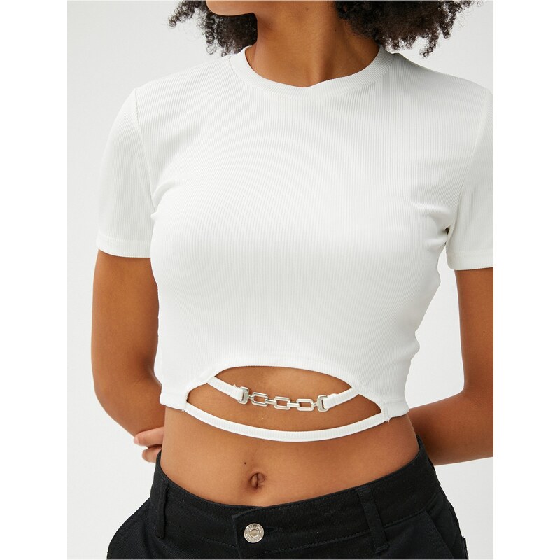 Koton Crop Tshirt Short Sleeve Crew Neck Metal Accessory