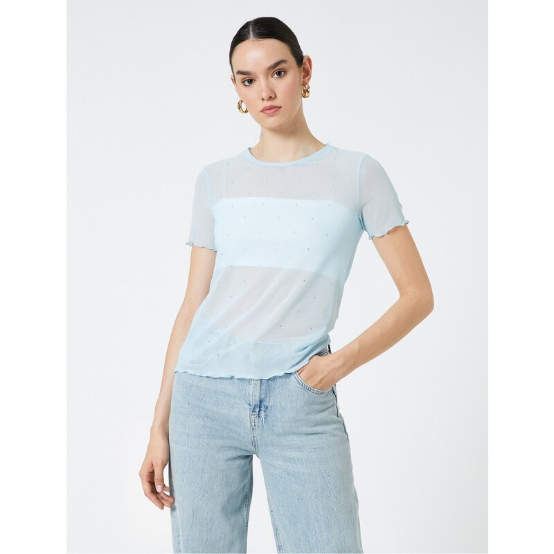 Koton See-through T-shirt with Stone Detailed Short Sleeves.