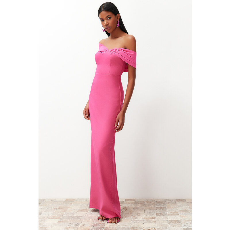 Trendyol Pink Fitted Asymmetric Collar Poplin Detail Long Evening Evening Dress