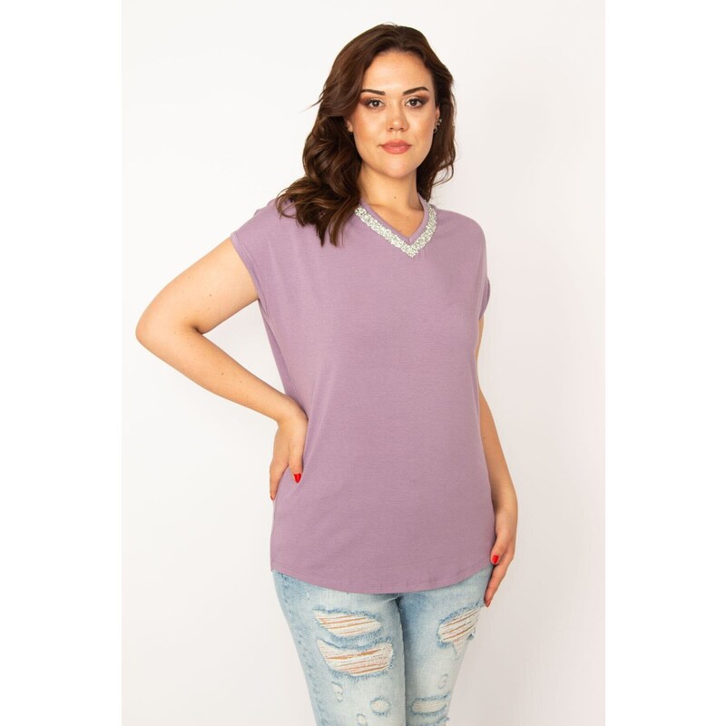 Şans Women's Plus Size Viscose Blouse with Lilac Collar and Casting