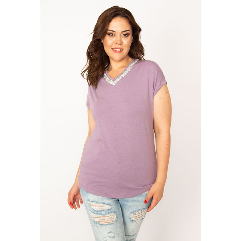Şans Women's Plus Size Viscose Blouse with Lilac Collar and Casting