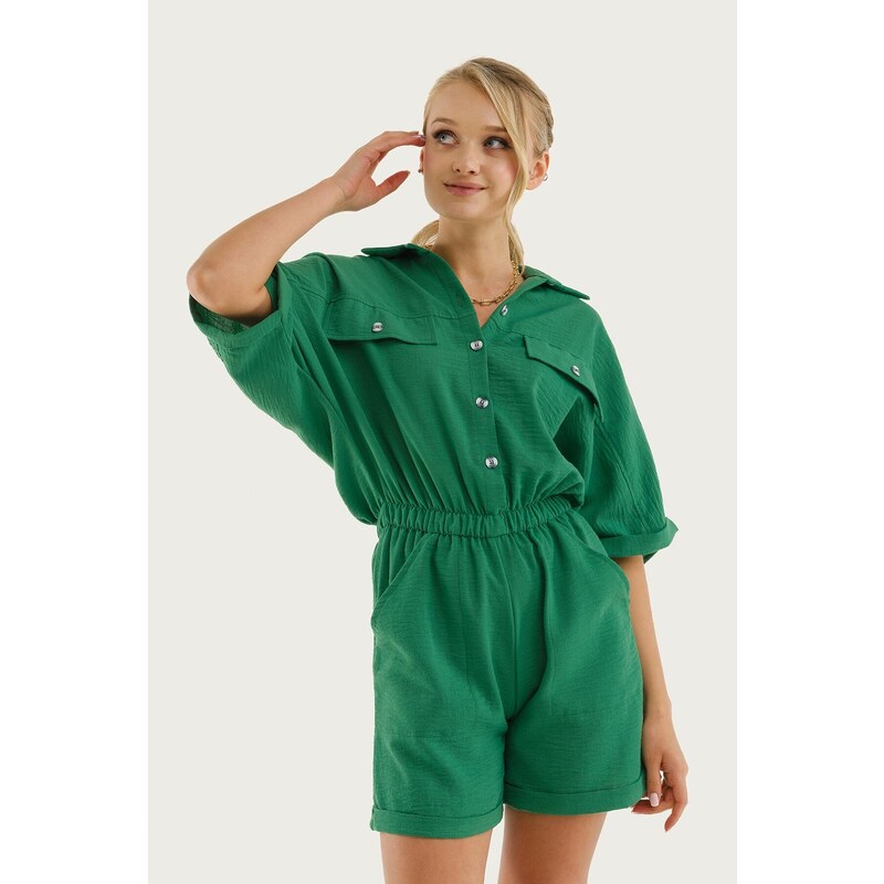 armonika Women's Green Bat Overalls with Sleeves Pockets and Shorts with Elastic Waist