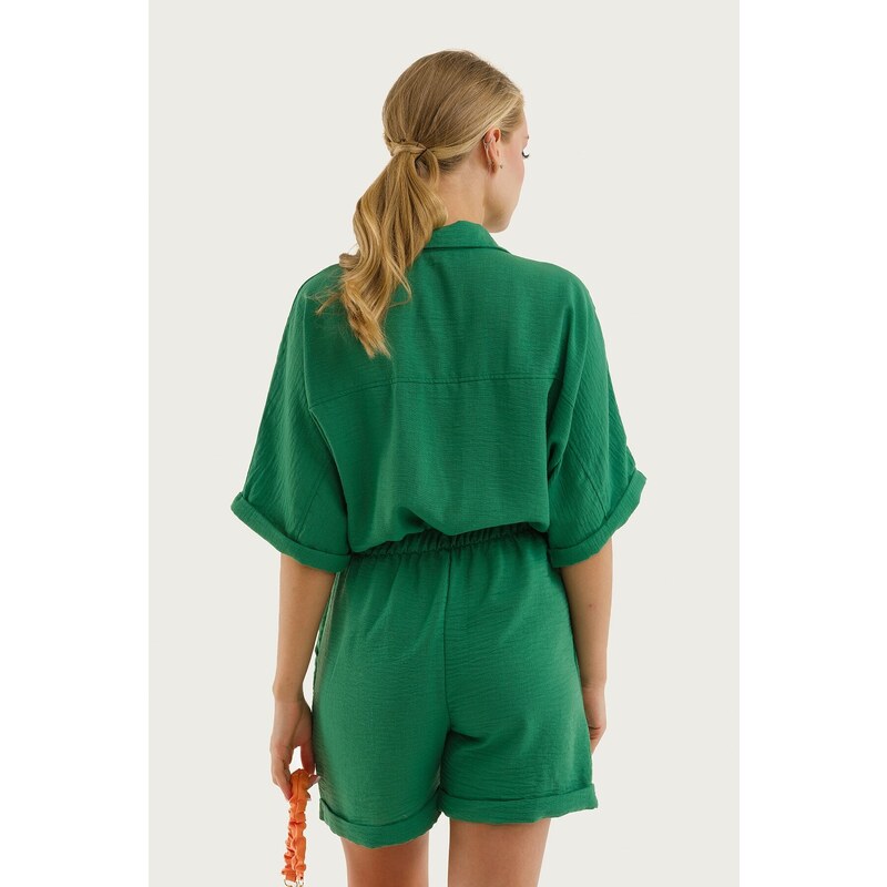 armonika Women's Green Bat Overalls with Sleeves Pockets and Shorts with Elastic Waist