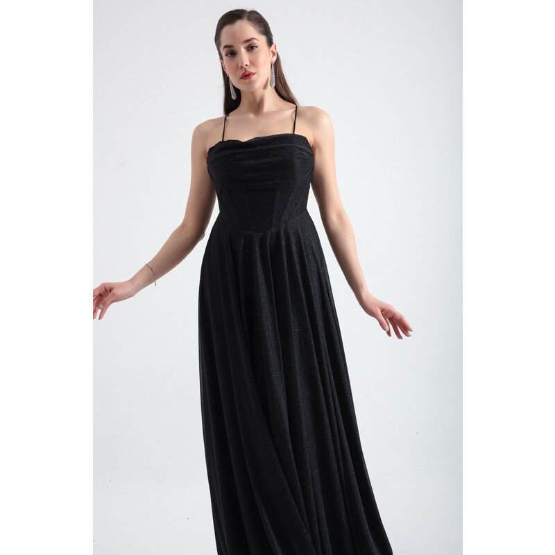 Lafaba Women's Black Underwire Corset Silvery Long Evening Dress