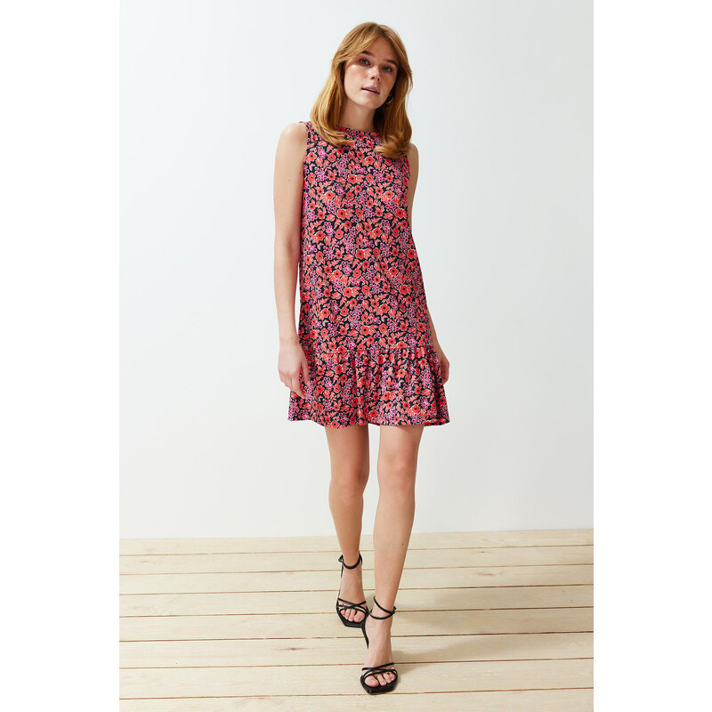 Trendyol Red Floral Printed Zero Sleeve Flounce Shift/Plain Ribbed Flexible Knitted Mini Dress