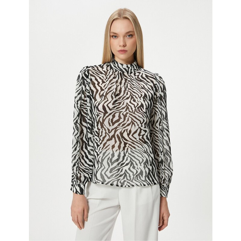 Koton Chiffon Blouse Leopard Patterned High Neck Balloon Sleeves