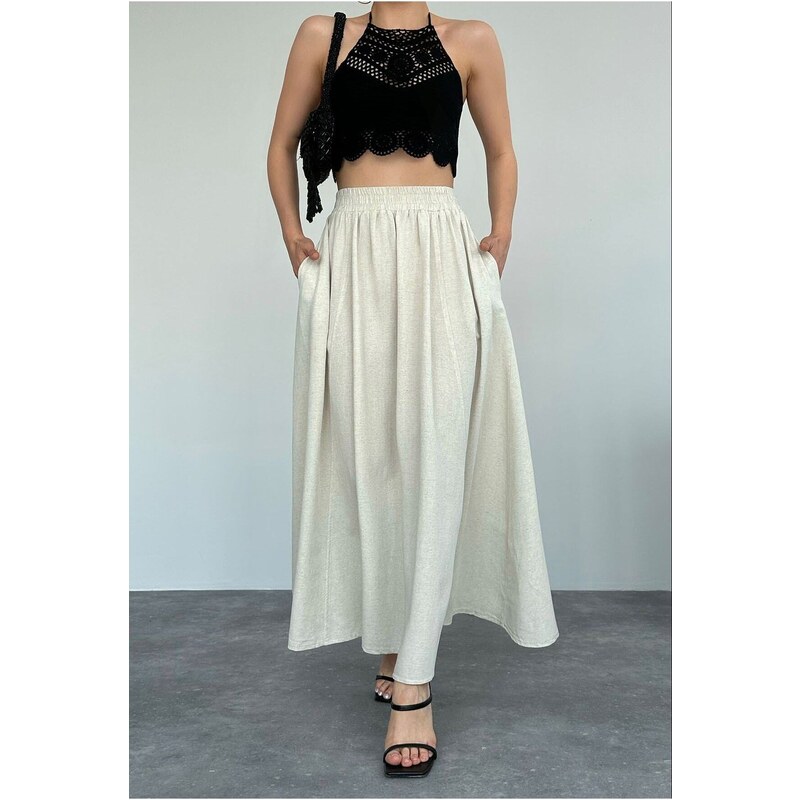 Laluvia Beige Pocketed Linen Skirt with Elastic Waist