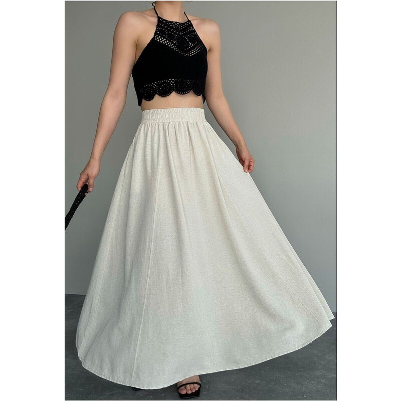 Laluvia Beige Pocketed Linen Skirt with Elastic Waist