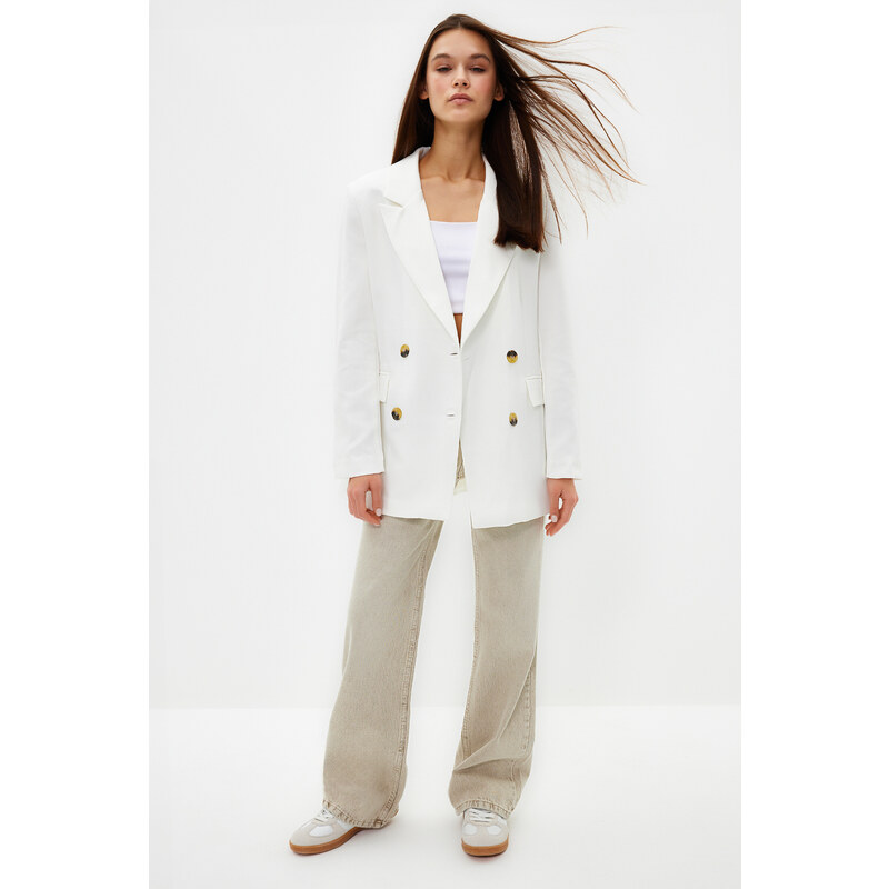 Trendyol Ecru Oversize Lined Double Breasted Closure Woven Blazer Jacket