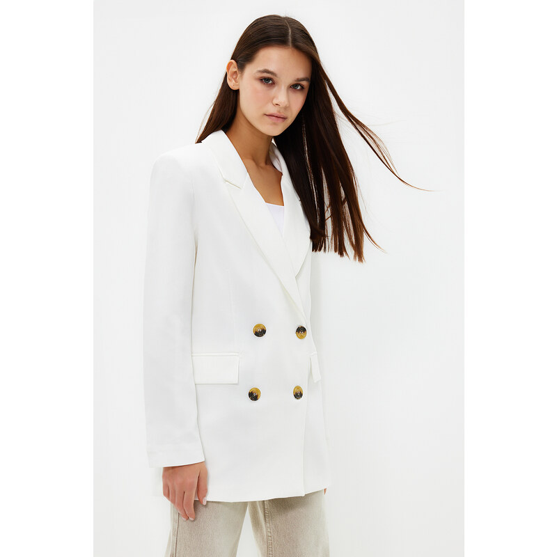 Trendyol Ecru Oversize Lined Double Breasted Closure Woven Blazer Jacket