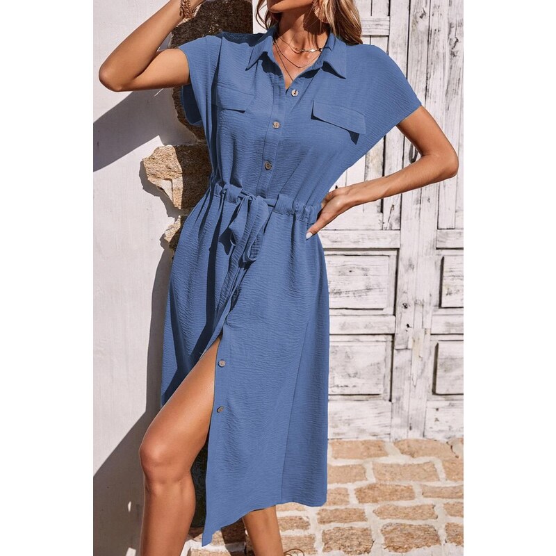 Madmext Blue Shirt Collar Long Dress