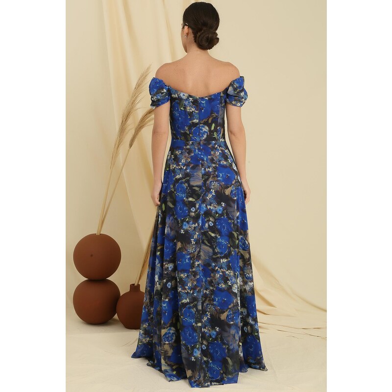 By Saygı Madonna Collar Front Draped Lined Floral Pattern Long Chiffon Dress