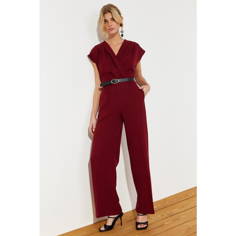 Trendyol Burgundy Belted Double Breasted Collar Wide Leg Woven Jumpsuit