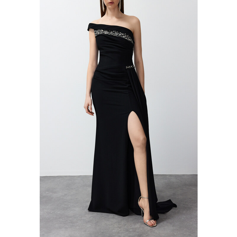 Trendyol Black Single Sleeve Stone Accessory Long Evening Dress