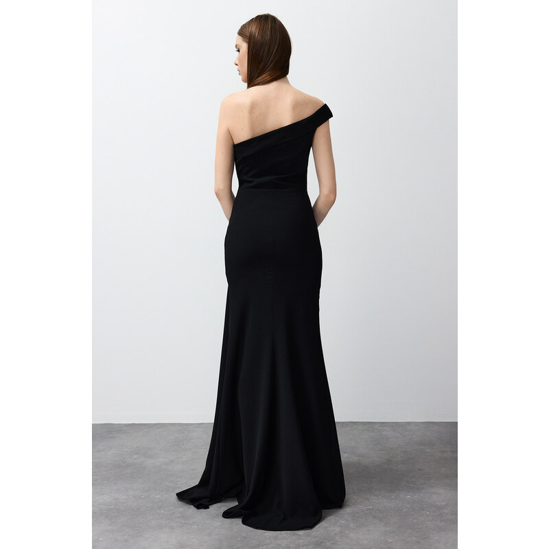 Trendyol Black Single Sleeve Stone Accessory Long Evening Dress