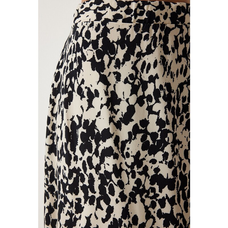 Happiness İstanbul Women's Cream Black Patterned Long Viscose Skirt