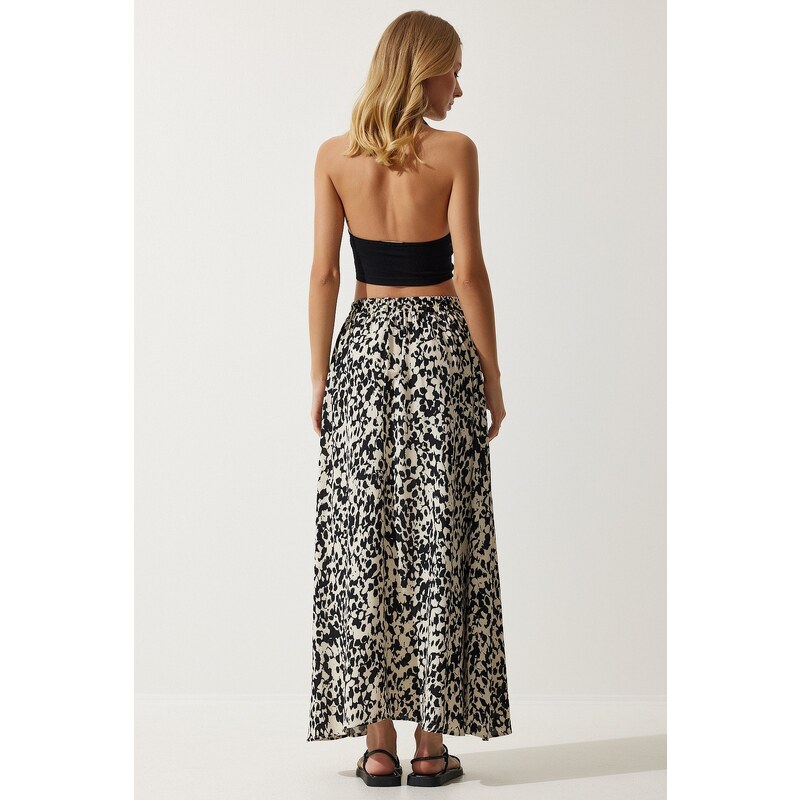 Happiness İstanbul Women's Cream Black Patterned Long Viscose Skirt