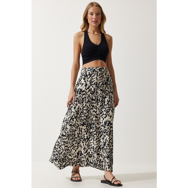 Happiness İstanbul Women's Cream Black Patterned Long Viscose Skirt