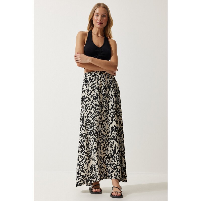 Happiness İstanbul Women's Cream Black Patterned Long Viscose Skirt