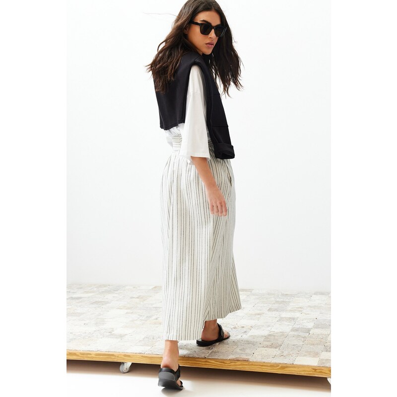 Trendyol Ecru Striped Pocket Detailed Linen Look Woven Skirt