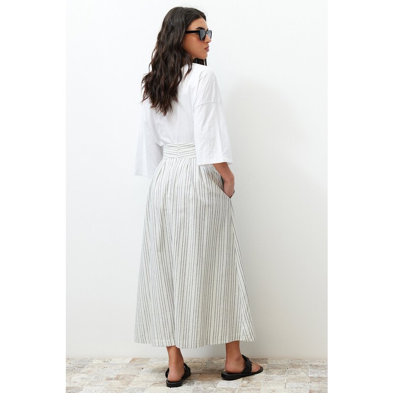 Trendyol Ecru Striped Pocket Detailed Linen Look Woven Skirt