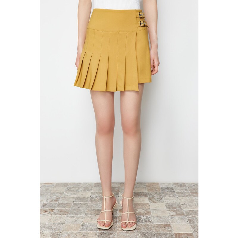 Trendyol Camel Buckle Detailed Pleated Woven Shorts Skirt