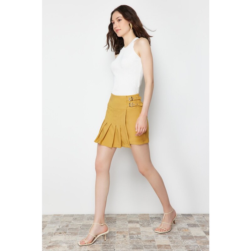 Trendyol Camel Buckle Detailed Pleated Woven Shorts Skirt