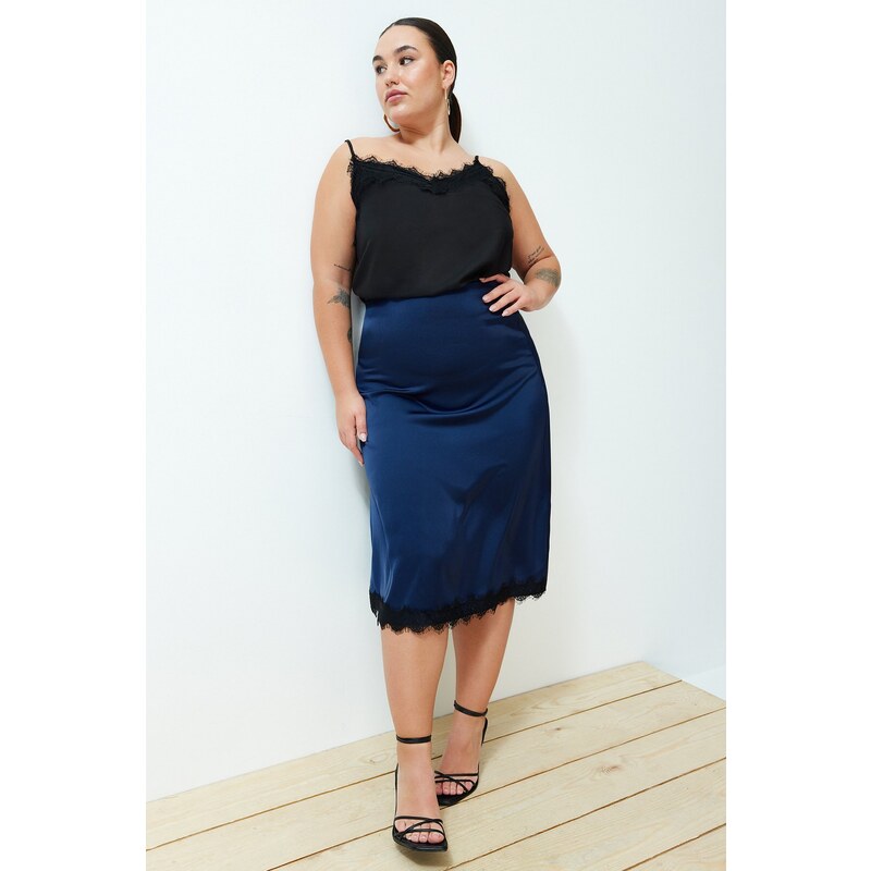 Trendyol Curve Navy Blue Satin Midi Length Lace Woven Skirt