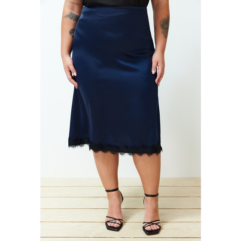 Trendyol Curve Navy Blue Satin Midi Length Lace Woven Skirt