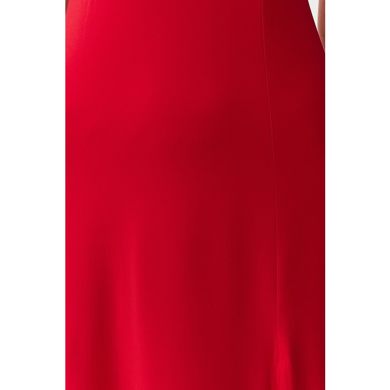 Trendyol Red Heart Neck Gathered Strap Knitted Midi Dress