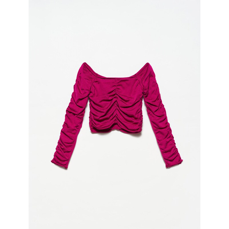 Dilvin 10201 Open Shoulder Gathered Sweater-raspberry
