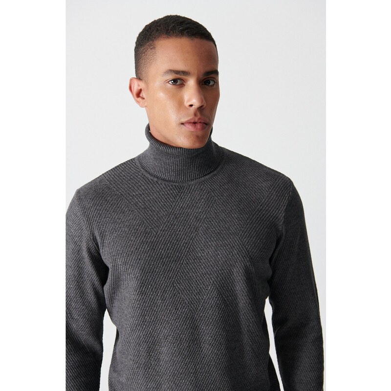 Avva Men's Anthracite Turtleneck Jacquard Sweater