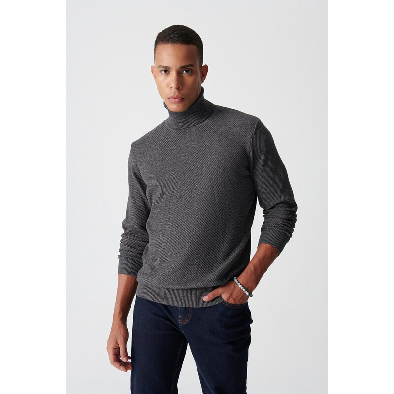 Avva Men's Anthracite Turtleneck Jacquard Sweater