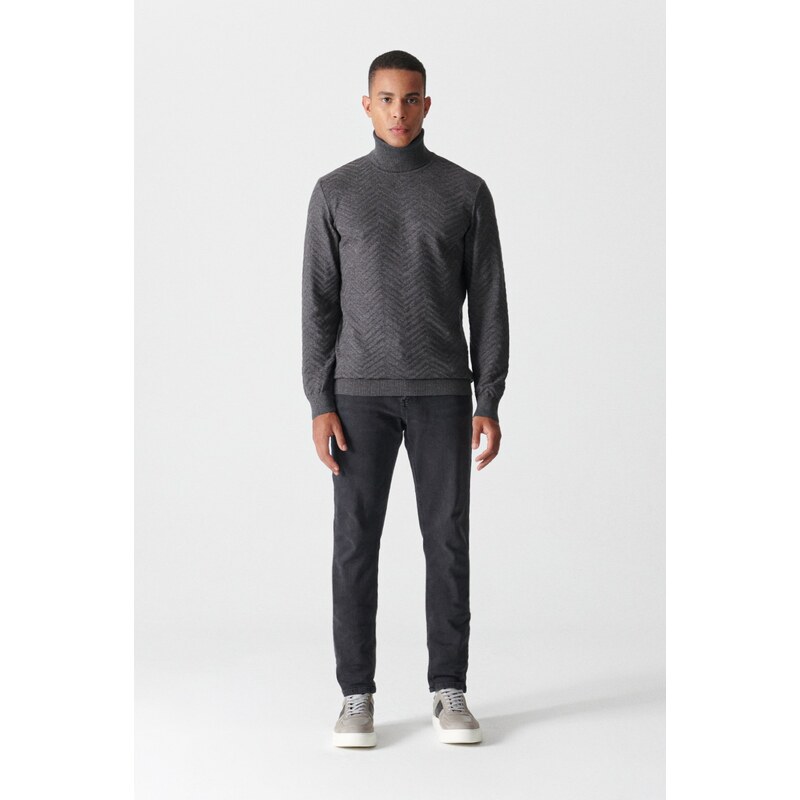 Avva Men's Anthracite Turtleneck Jacquard Sweater