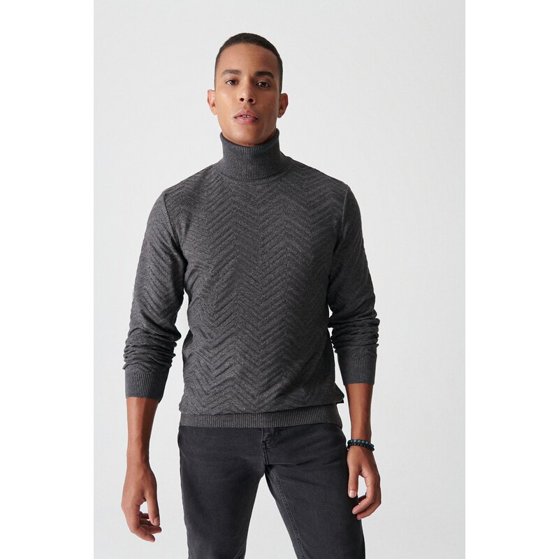 Avva Men's Anthracite Turtleneck Jacquard Sweater