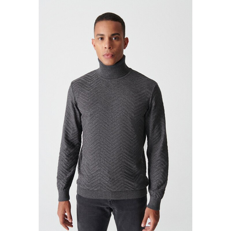 Avva Men's Anthracite Turtleneck Jacquard Sweater