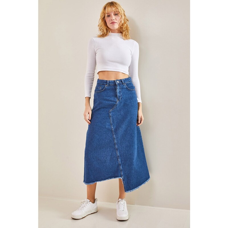 Bianco Lucci Women's Asymmetrical Tasseled Denim Skirt