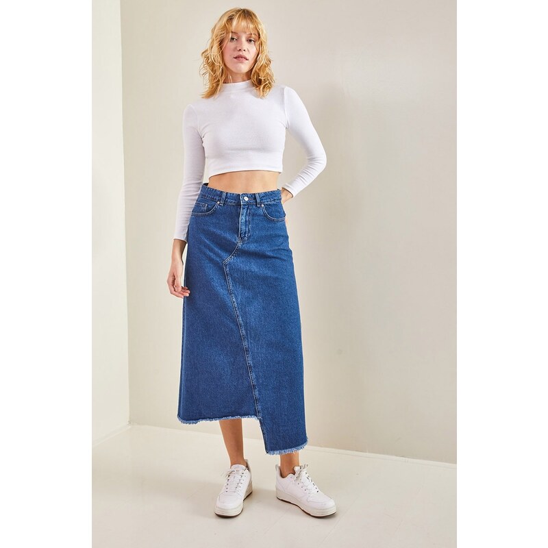 Bianco Lucci Women's Asymmetrical Tasseled Denim Skirt