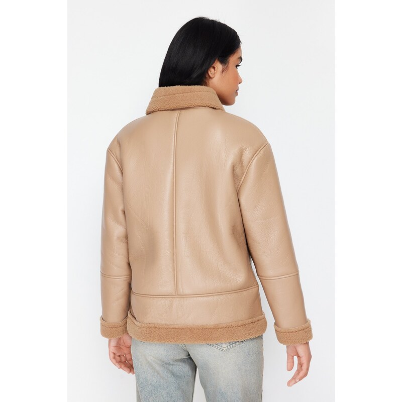 Trendyol Beige Plush Detailed Faux Leather Coat