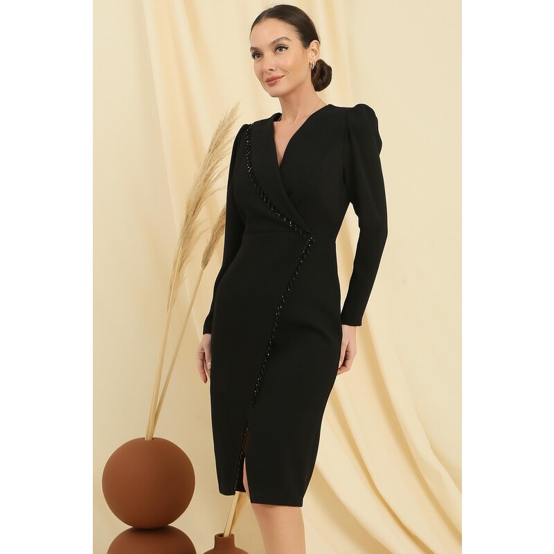 By Saygı Double Breasted One Collar Bead Detail Half Lined Wrap Dress