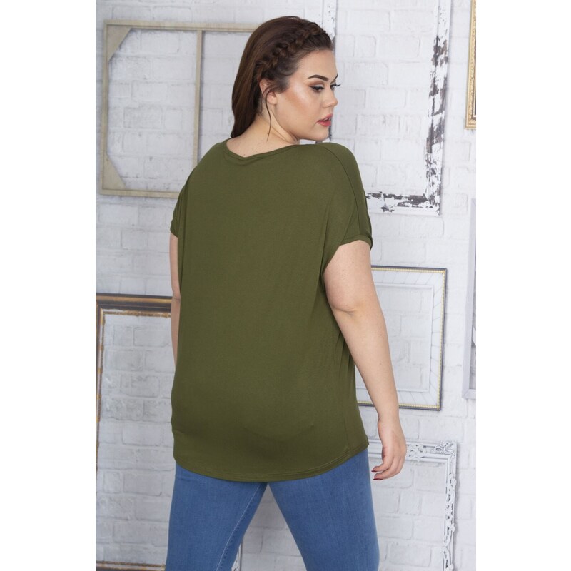 Şans Women's Plus Size Khaki Print Patterned Tulle Detailed Low-Sleeve Viscose Blouse with Pocket