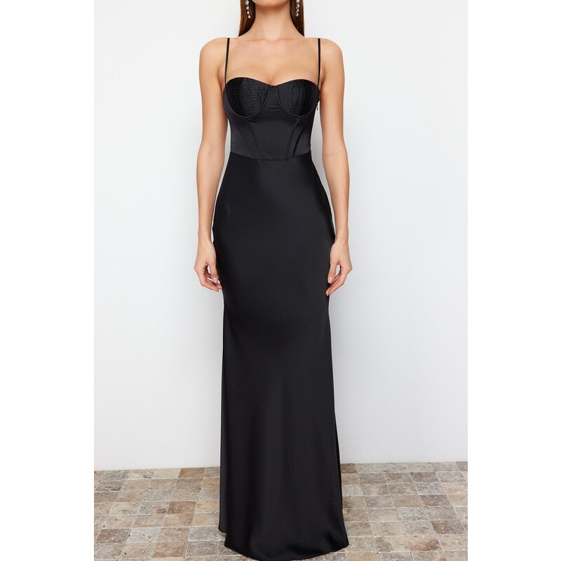 Trendyol Black Body-fitting Woven Corset Detailed Satin Long Evening Evening Dress