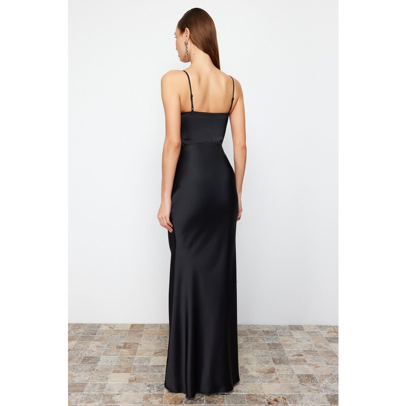 Trendyol Black Body-fitting Woven Corset Detailed Satin Long Evening Evening Dress