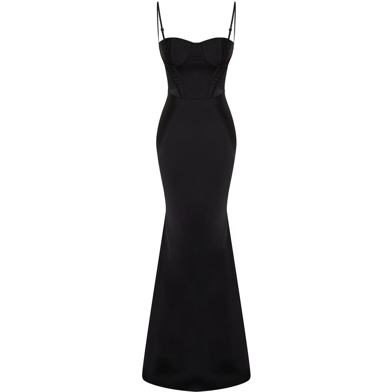 Trendyol Black Body-fitting Woven Corset Detailed Satin Long Evening Evening Dress