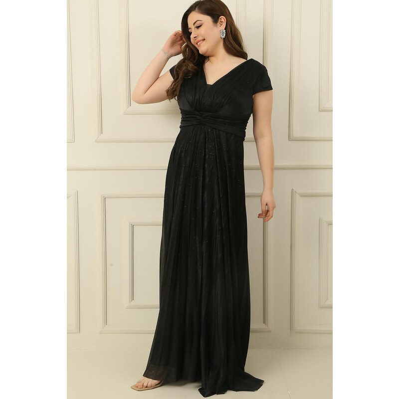 By Saygı V-Neck Waist And Front Draped Lined Pleated Silvery Long Crepe Dress