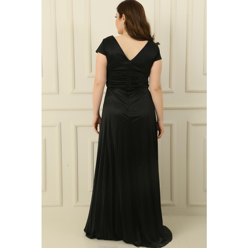 By Saygı V-Neck Waist And Front Draped Lined Pleated Silvery Long Crepe Dress