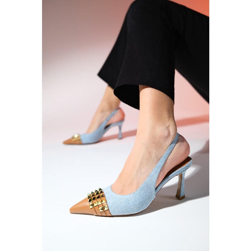 LuviShoes AELLA Jeans Blue Tan Trolley Pointed Toe Womens Heel Shoes 91257495